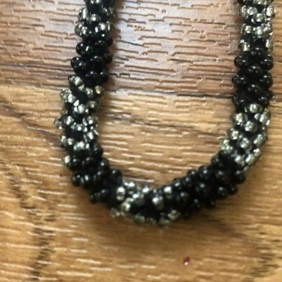 Beaded Necklace Jewelry Fashion Accessory Black Silver Tone Strand - Picture 3 of 6